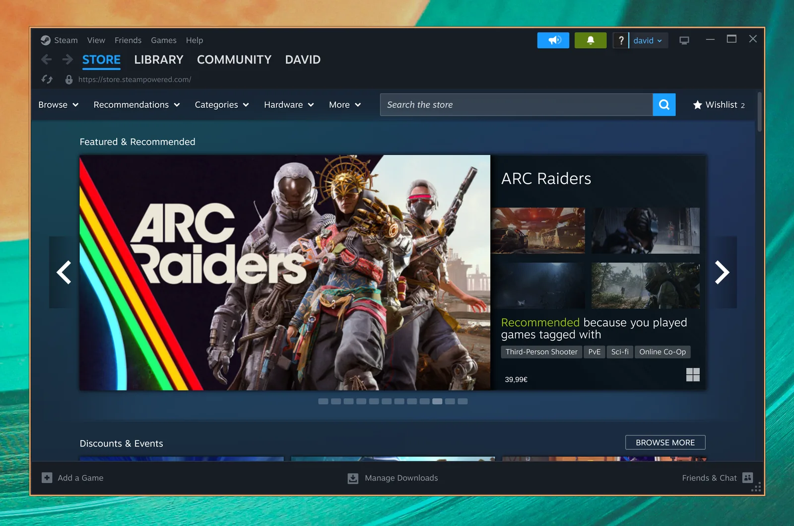 Steam showing its game store on Omarchy